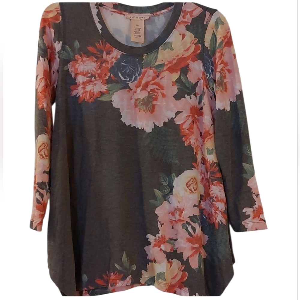 Philosophy Gray and Pink Floral Tunic Top L EUC